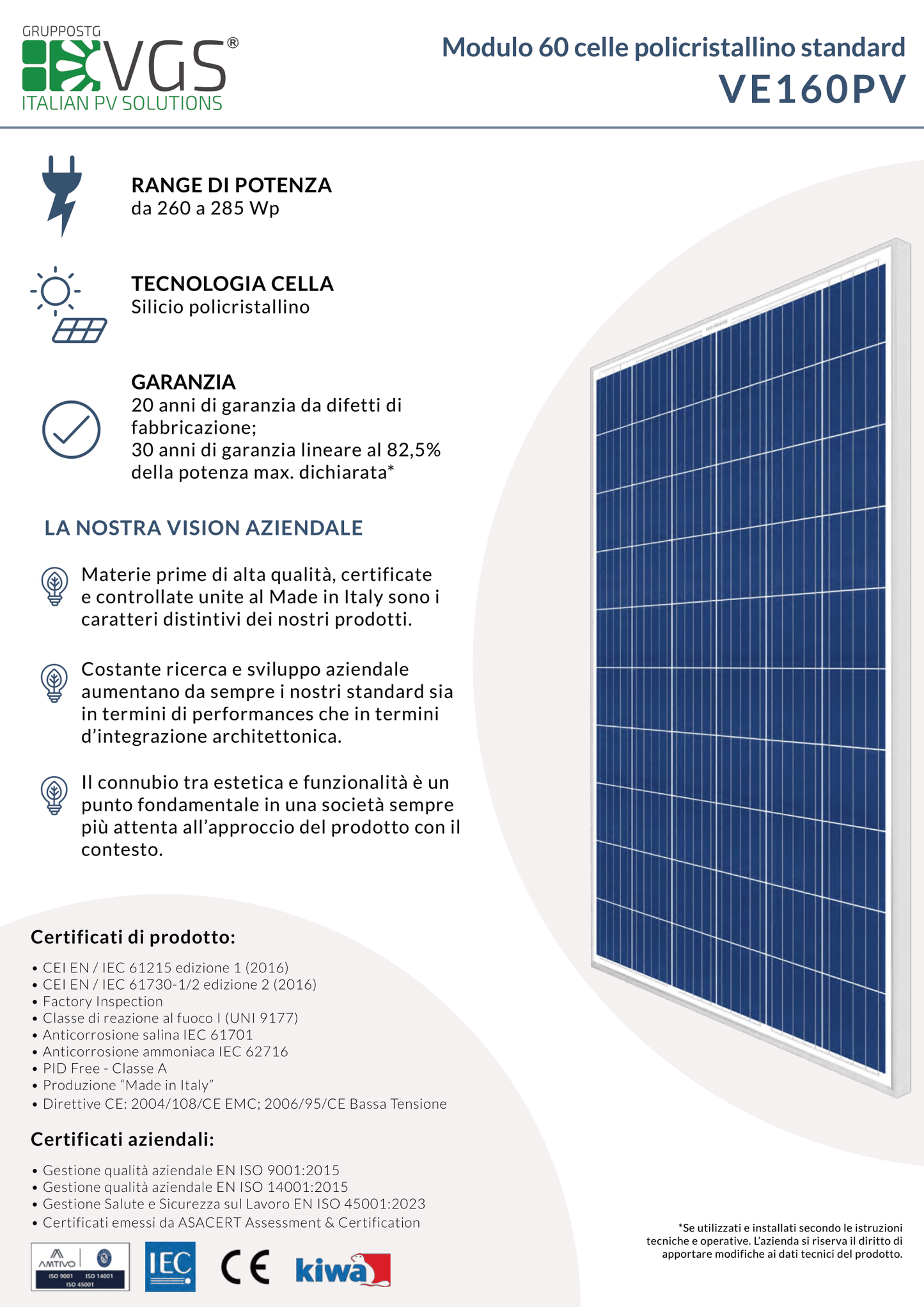 Modulo fotovoltaico policristallino 285W – 60 Celle
